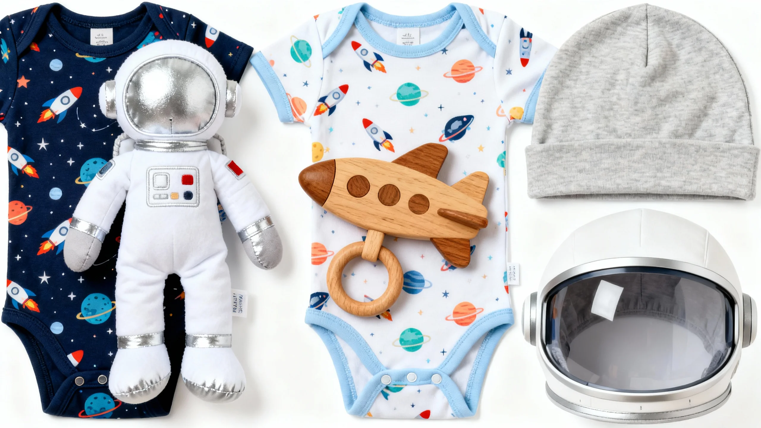 Space-themed baby gifts including astronaut plush toy, rocket-patterned onesies, wooden airplane rattle, gray baby hat, and astronaut helmet
