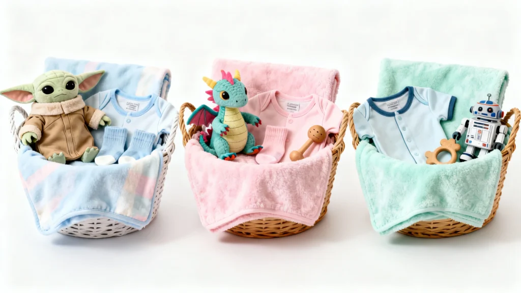 Three baby gift baskets with soft blankets, onesies, socks, wooden rattles, and plush toys including a dragon, robot, and green character