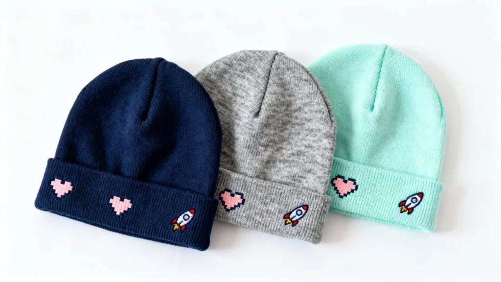 Three baby beanies in navy blue, gray, and mint green with pink heart and rocket patches