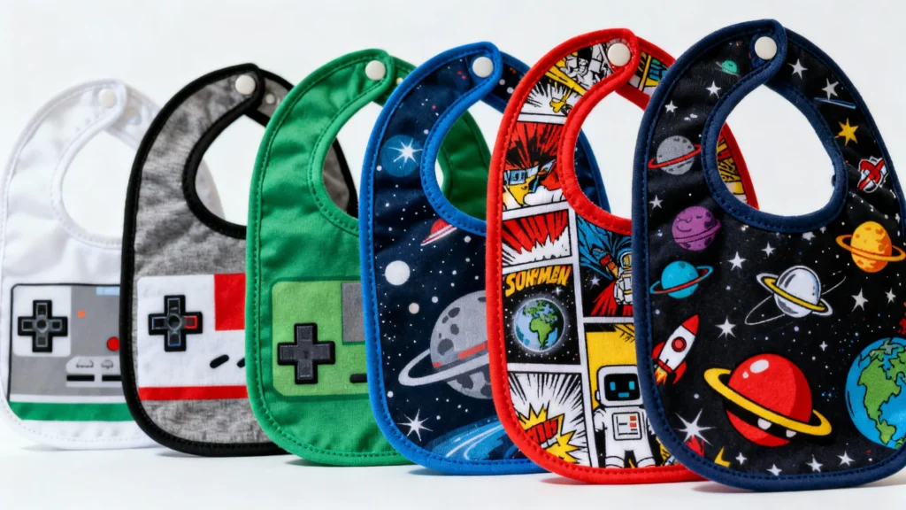 Colorful baby bibs with space and game controller designs arranged in a row with snap closures