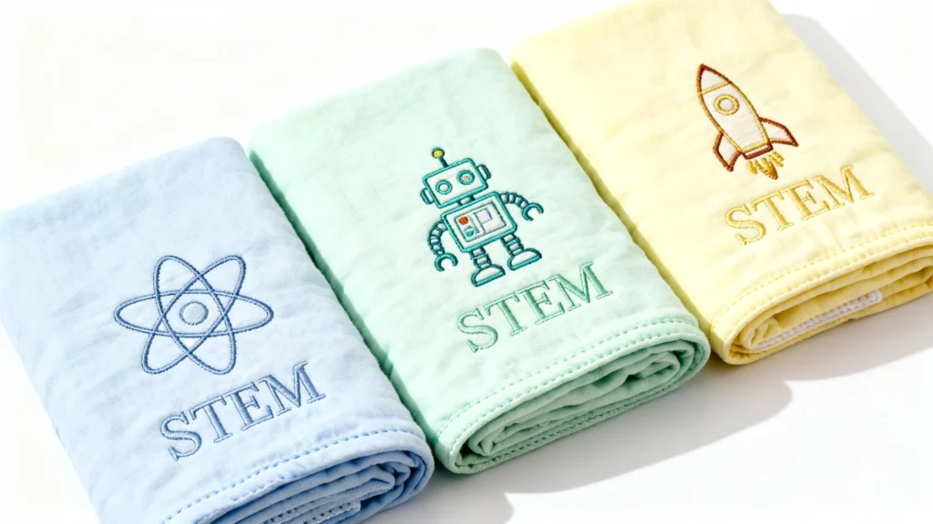 Three folded baby blankets in pastel blue, green, and yellow with embroidered STEM designs and the word STEM