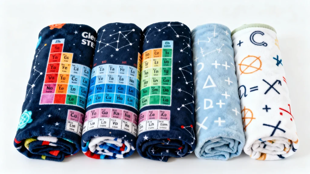 Rolled baby blankets with colorful periodic table, constellation, and STEM-themed prints on soft fabric