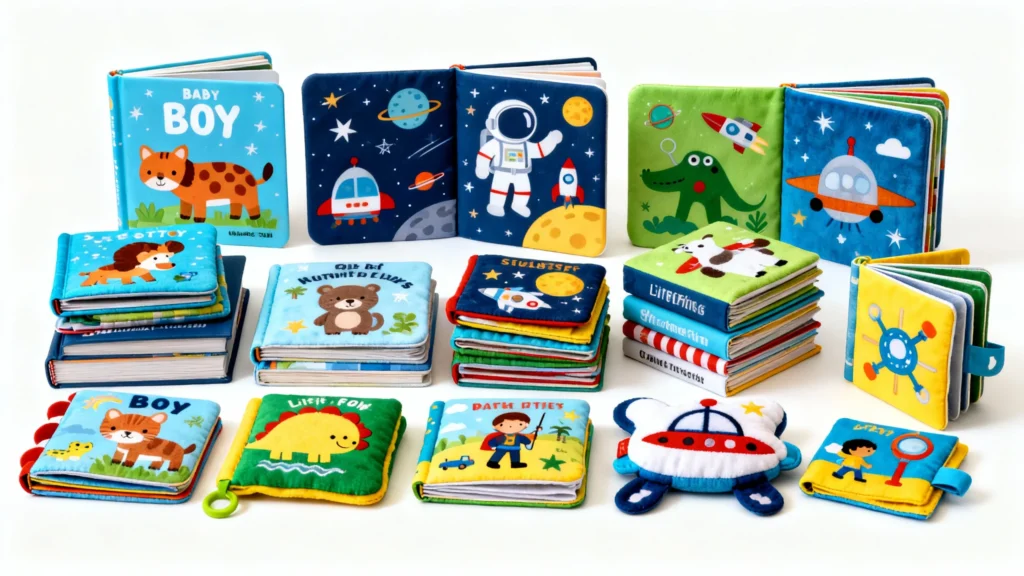 Colorful soft fabric baby books for boys featuring animals, space, and playful designs arranged on a white background