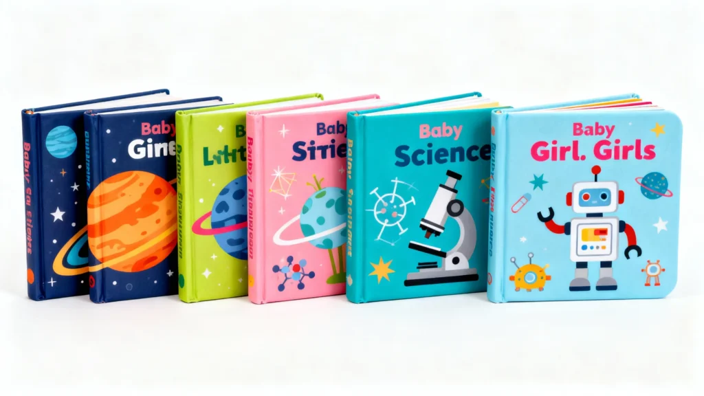 Explore Baby Books for Girls with Science and Space Themes Colorful baby books for girls with science and space themes including planets, microscope, and robot illustrations