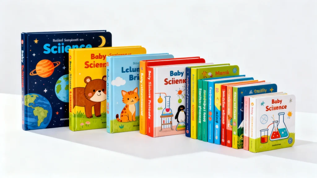 Colorful baby books about science topics including planets, animals, and experiments arranged in a row on a white background