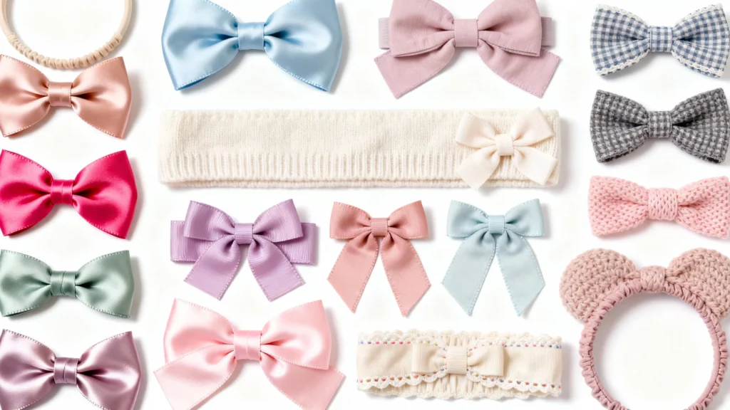 Collection of colorful baby bows and headbands in various fabrics and styles arranged on a white background