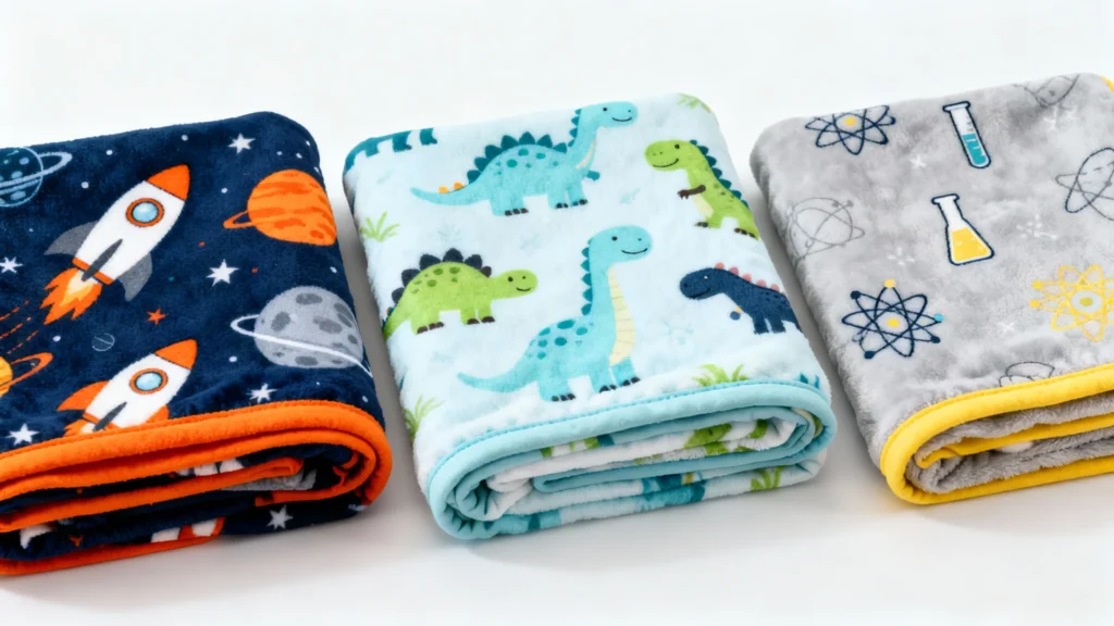 Three folded baby boy blankets with space rockets, colorful dinosaurs, and science-themed prints on soft fabric