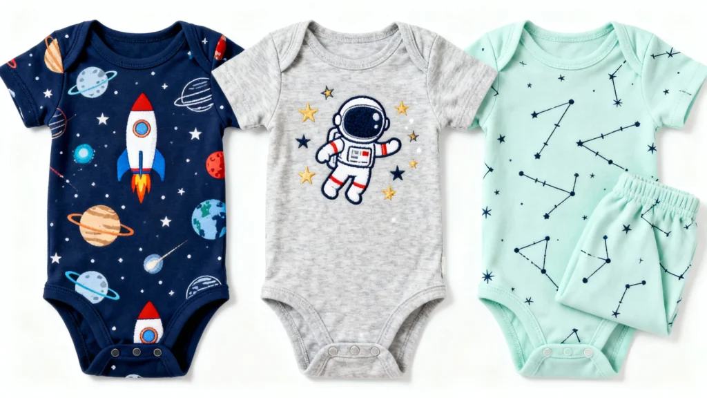 Three baby boy coming home outfits with space themes including planets, rocket, astronaut, and constellation prints