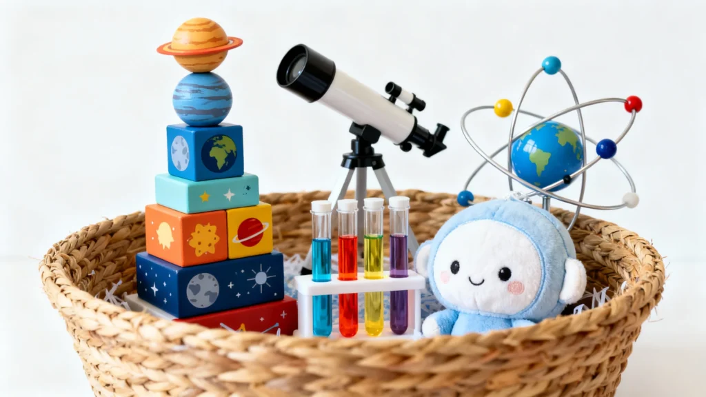 Woven basket with colorful stacking blocks, toy telescope, test tubes with colored liquids, plush astronaut toy, and atom model
