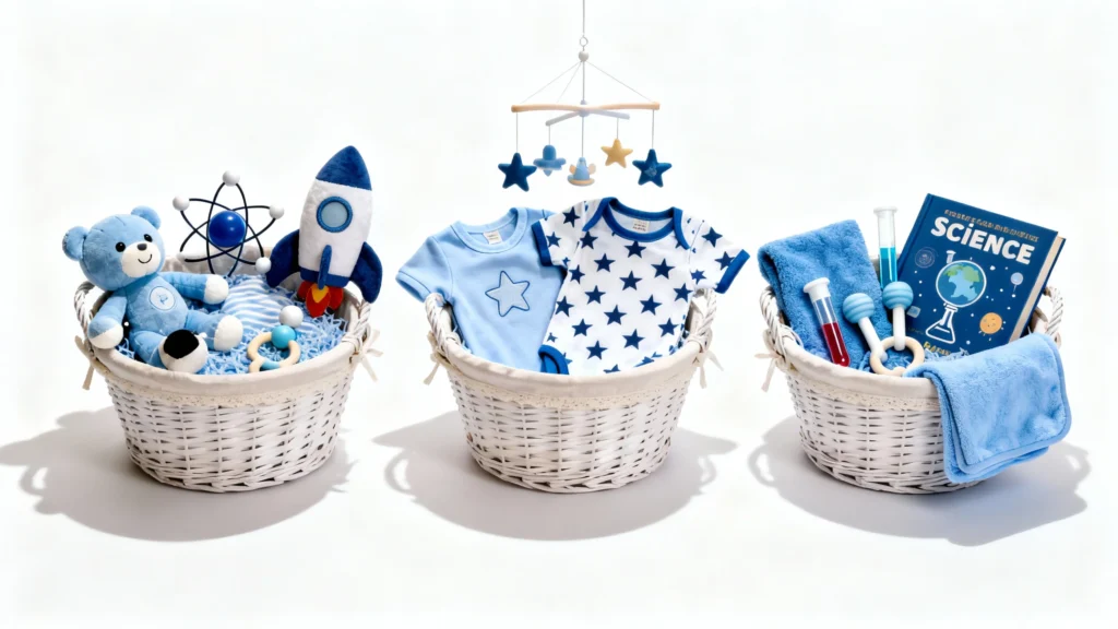 Three white wicker baby boy gift baskets with blue science-themed items including plush toys, clothing, and a science book