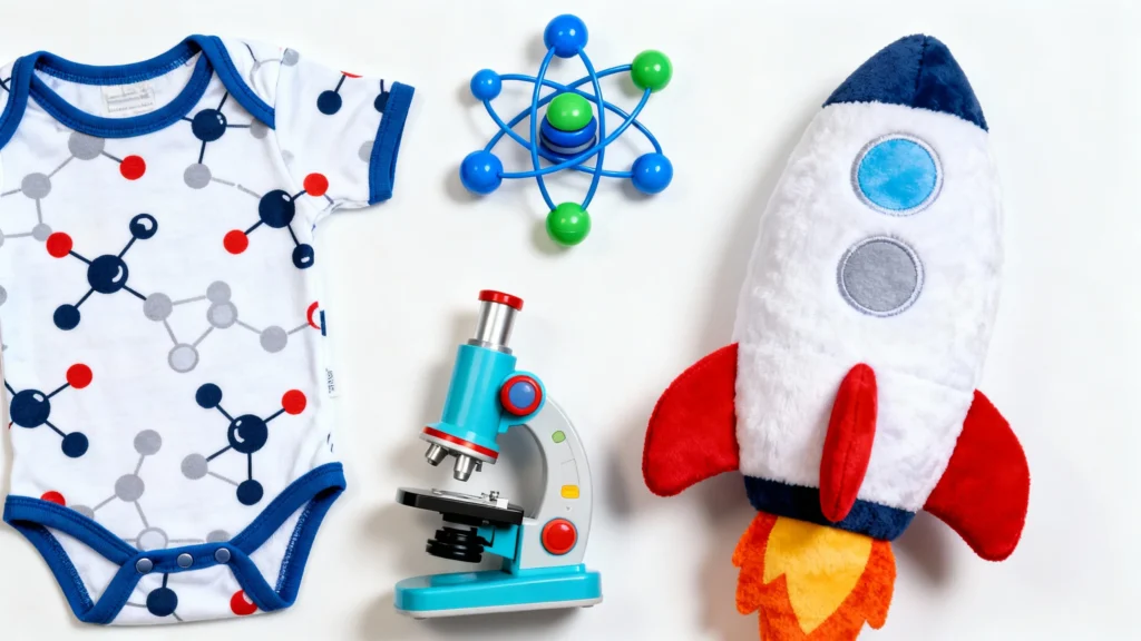 Baby boy science-themed gifts including a molecular print onesie, toy microscope, atom model, and plush rocket ship on a white background