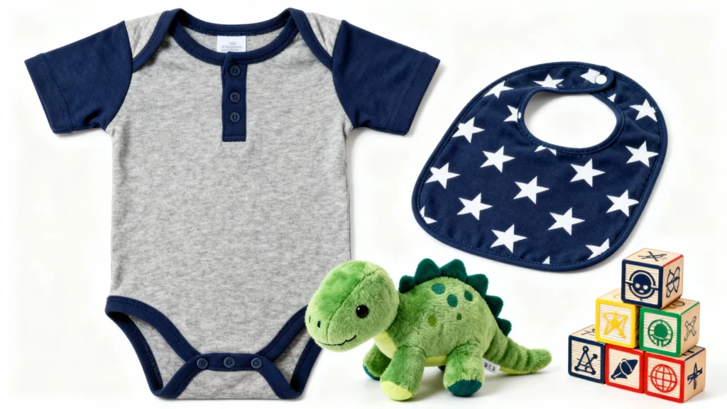Baby boy gift set with grey and navy bodysuit, navy star-patterned bib, green plush dinosaur toy, and colorful wooden stacking blocks