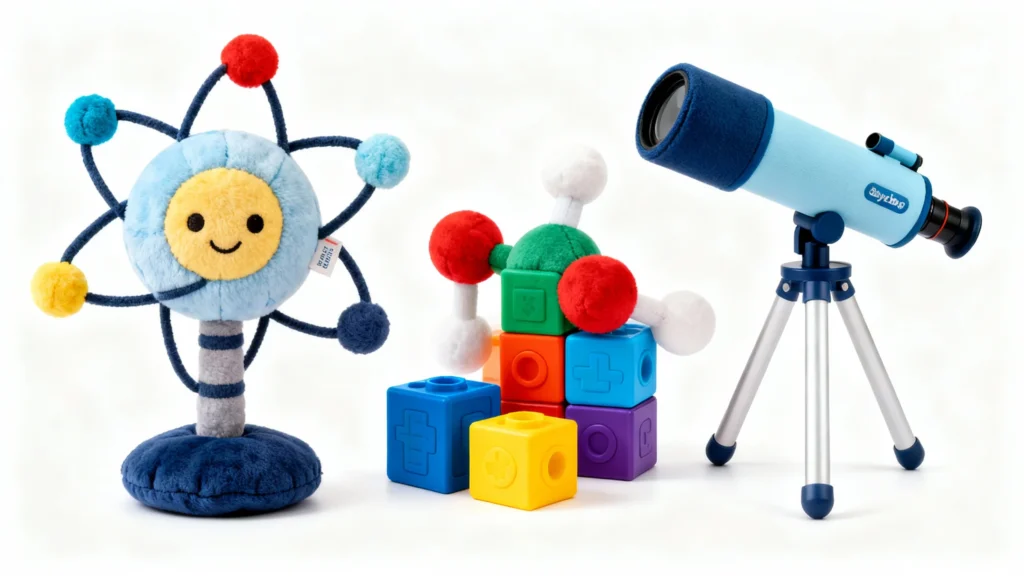 Colorful baby boy science toys including a plush atom model, molecular building blocks, and a blue toy telescope on tripod