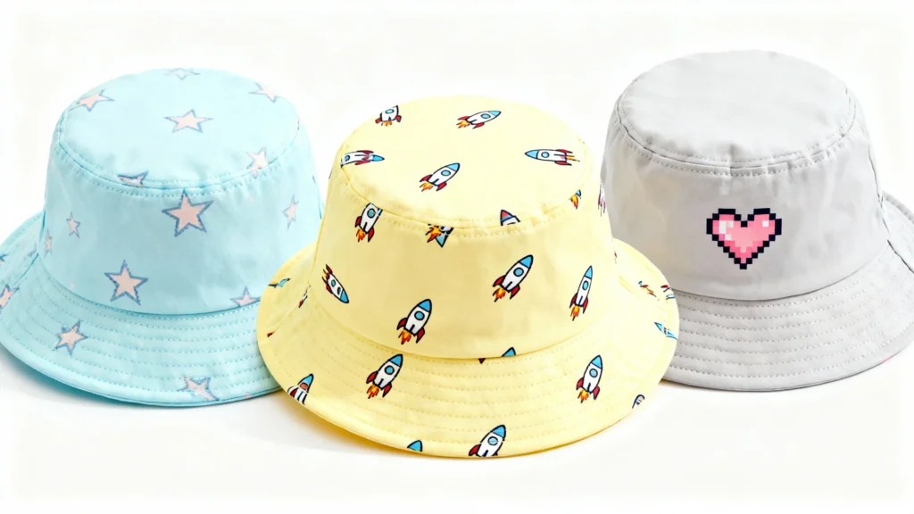 Three baby bucket hats in pastel colors with star, rocket, and pixel heart patterns