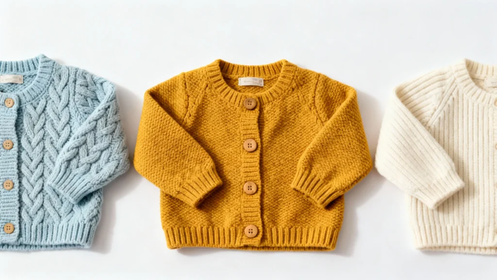 Three baby cardigans in blue cable knit, mustard yellow textured knit, and cream ribbed knit styles laid flat on white background