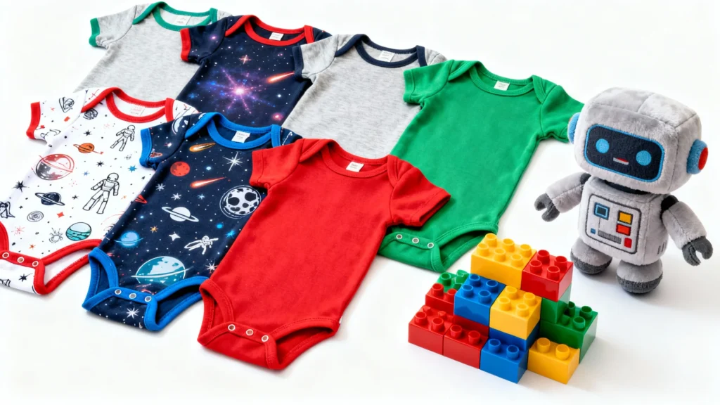 Colorful baby onesies with space designs, a plush robot toy, and colorful building blocks on a white background