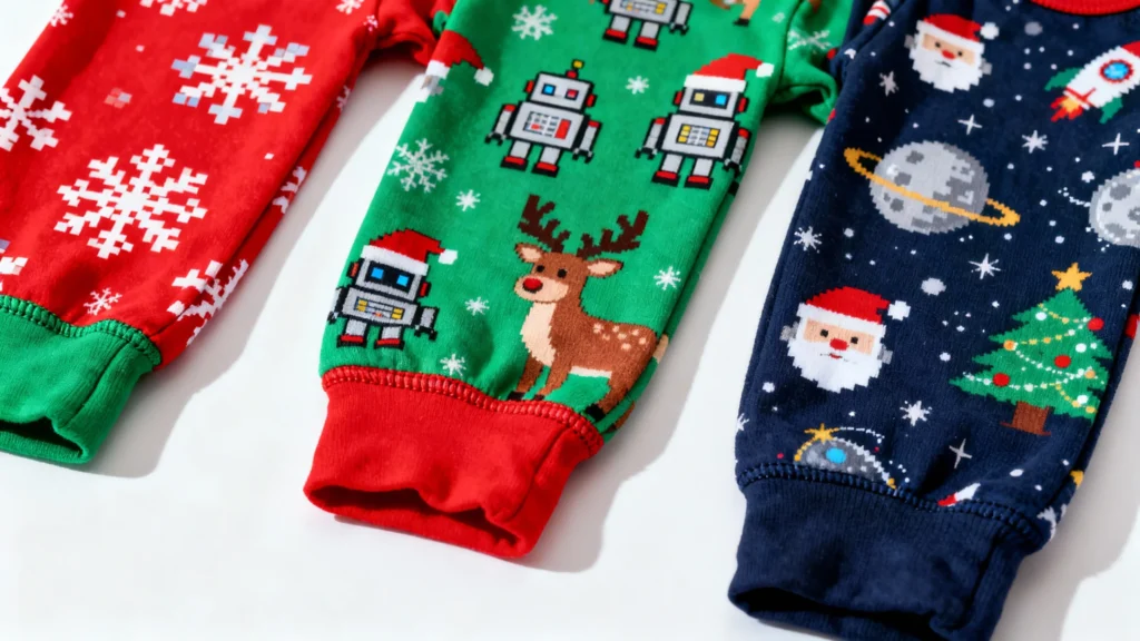 Close-up of baby Christmas pajamas with nerdy holiday designs including snowflakes, robots, reindeer, Santa, planets, and Christmas trees