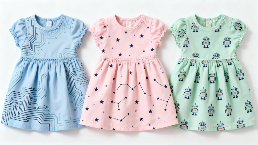 Three baby dresses in blue with circuit pattern, pink with star and constellation print, and mint green with robot design