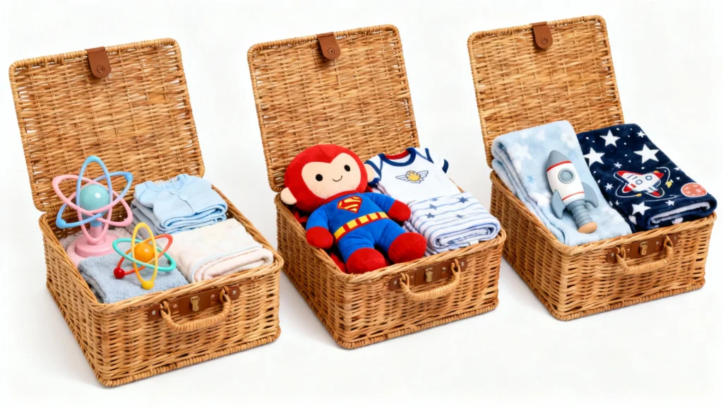 Three wicker baskets with baby items including toys, clothes, and blankets with space and superhero themes
