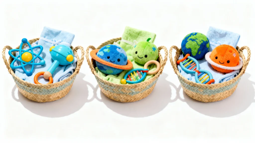 Three woven baby gift baskets with blue and green towels, plush planets, DNA toys, and science-themed rattles