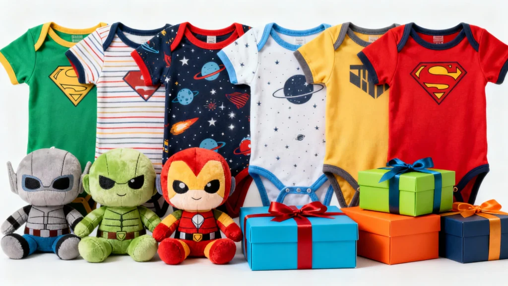 Colorful baby onesies with space and superhero designs next to plush toys and wrapped gift boxes for baby gift delivery