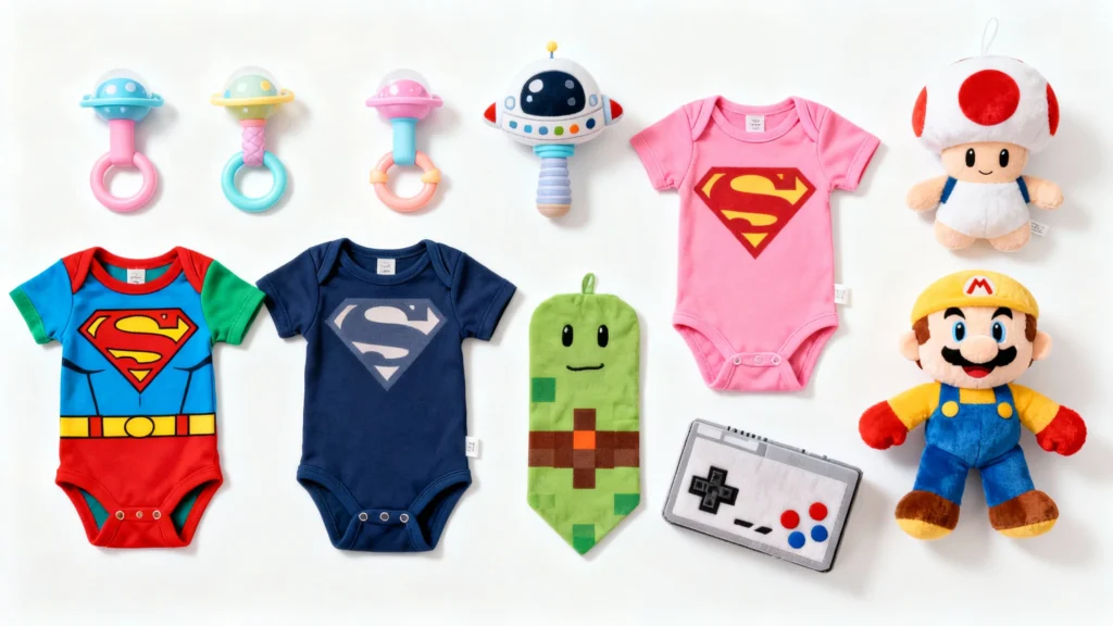Geeky baby gifts including superhero onesies, space-themed rattles, plush toys, and a retro game controller toy arranged on a white background