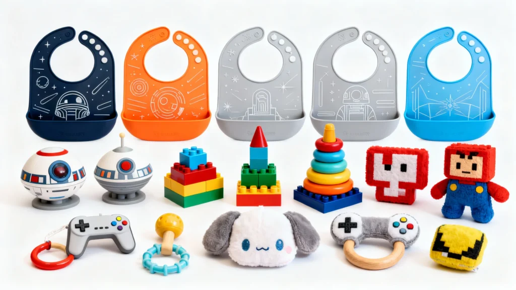 Colorful baby bibs with space designs and an assortment of baby toys including building blocks, plush toys, and rattles arranged on a white background