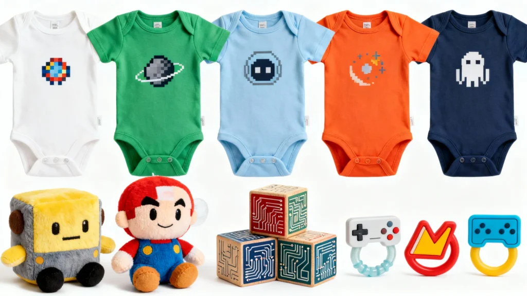 Row of colorful baby onesies with pixel art designs and geeky baby toys including plush characters, circuit-themed blocks, and game controller teething rings