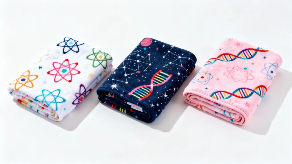 Three folded baby girl blankets with colorful science-themed patterns including atoms, DNA strands, and constellations