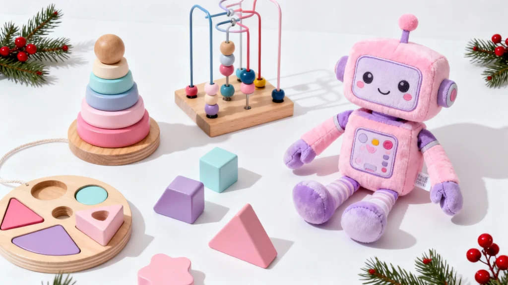 Colorful wooden stacking toy, bead maze, shape sorter, and pink plush robot toy with Christmas greenery and red berries