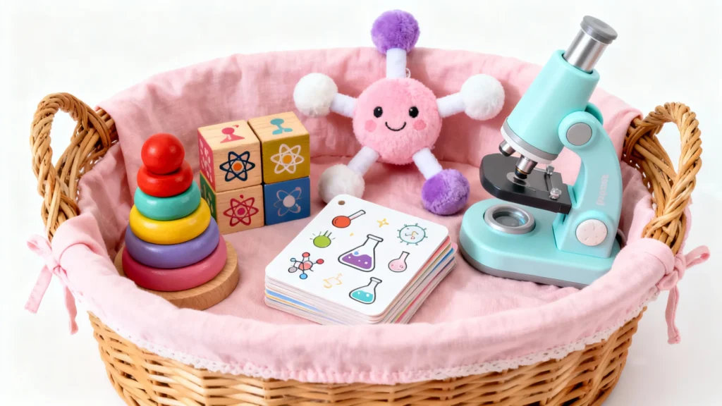 Wicker basket lined with pink fabric containing colorful wooden stacking rings, science-themed blocks, a plush molecule toy, educational cards, and a blue toy microscope