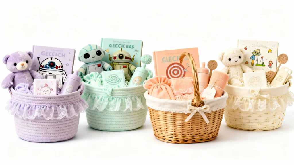 Four baby girl gift baskets in pastel purple, mint green, peach, and cream with plush toys, books, bottles, and soft blankets