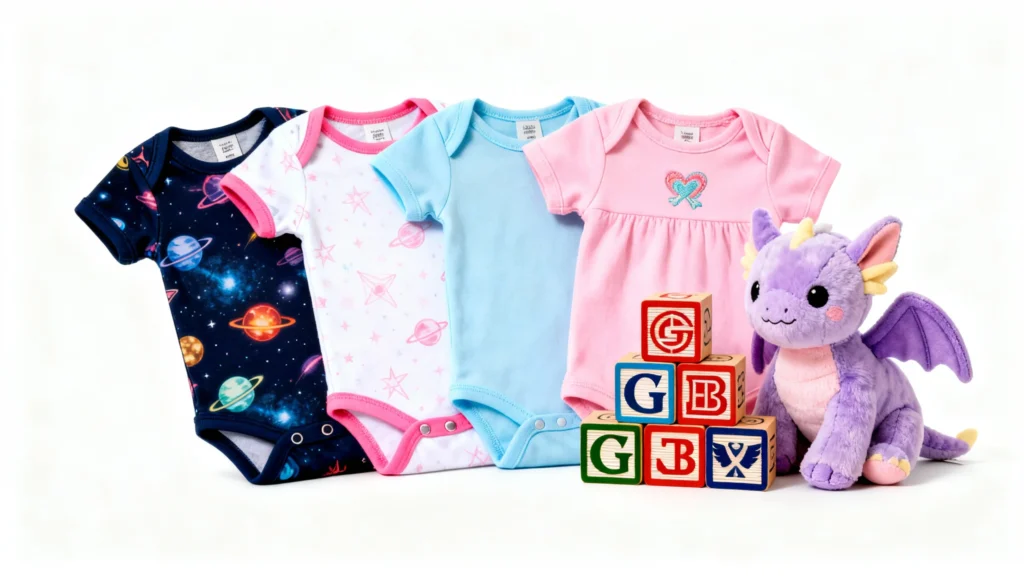 Four baby girl onesies in space, star, blue, and pink designs with wooden alphabet blocks and a purple plush dragon toy