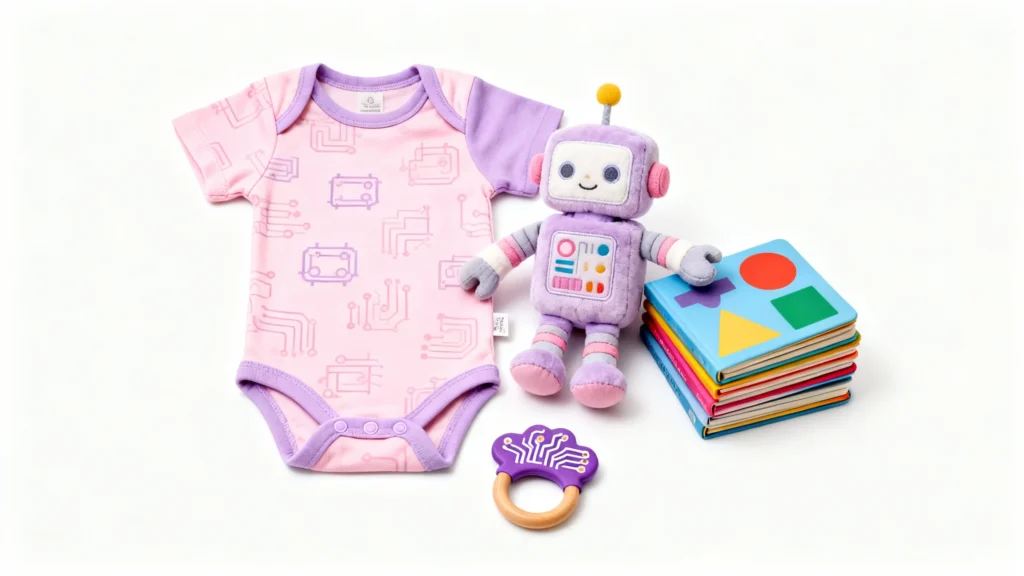 Pink and purple baby girl onesie with robot pattern, purple robot plush toy, colorful board books, and purple teething ring