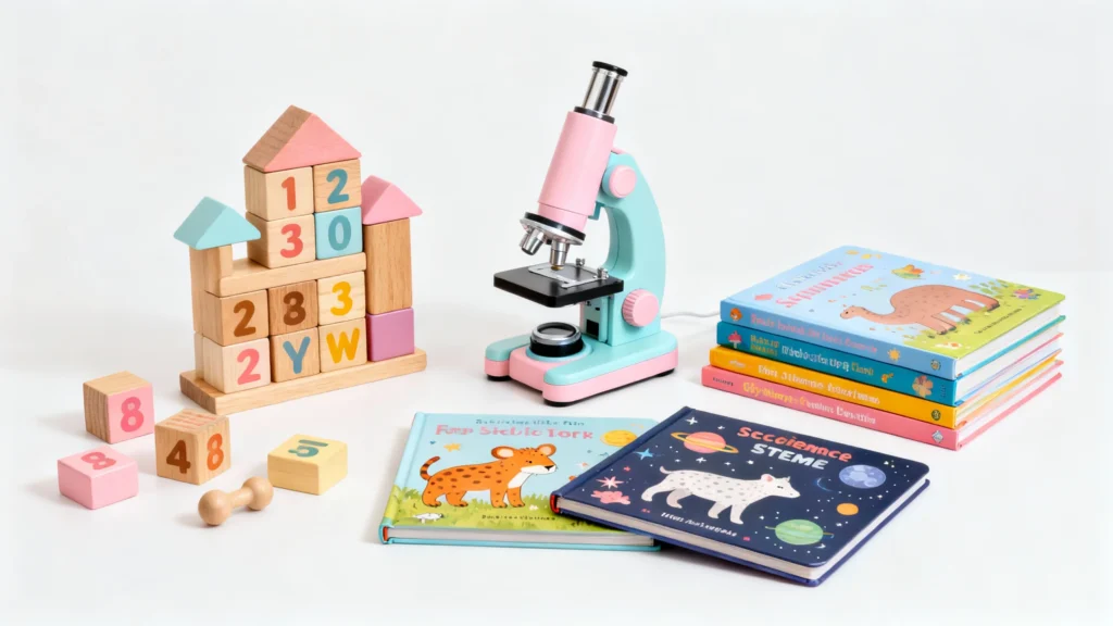Colorful wooden building blocks, a pink and blue toy microscope, and a stack of children's science books on a white background