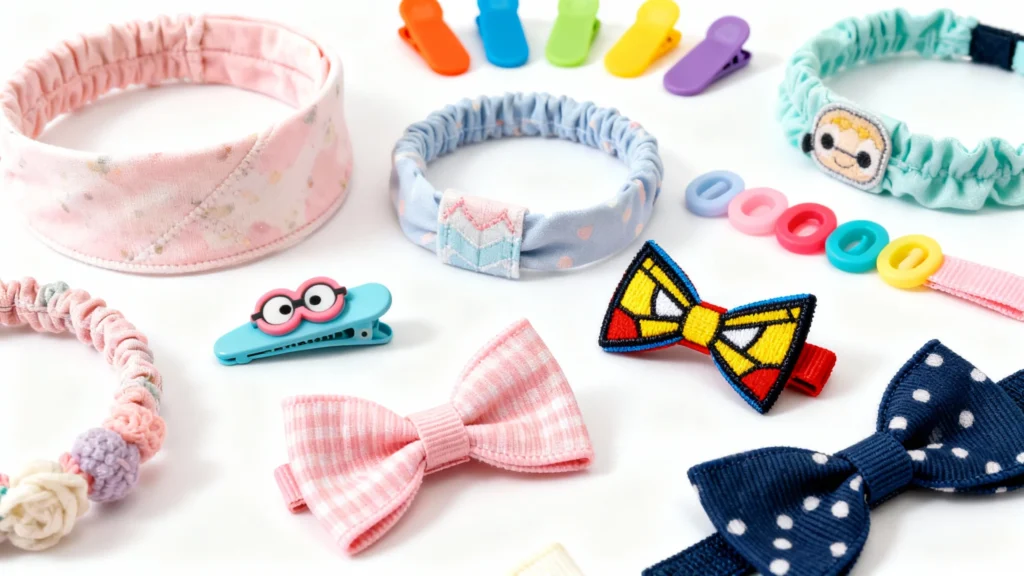 Colorful baby hair accessories including fabric headbands, bow clips, and small hair clips on a white background