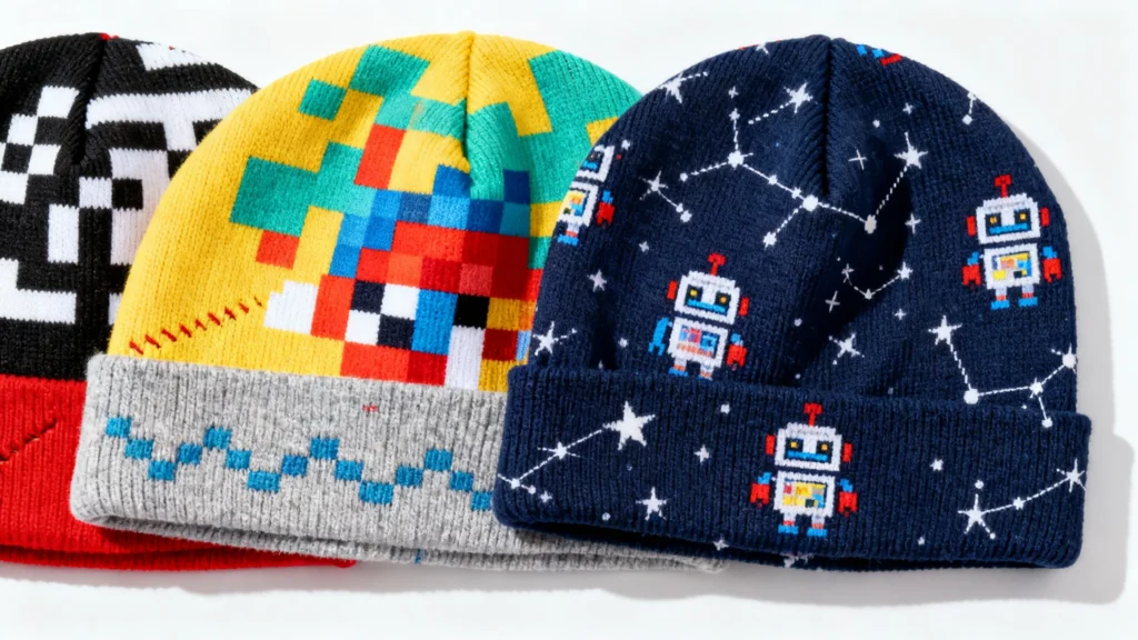 Three colorful knitted baby hats with pixel art designs including robots, stars, and geometric patterns
