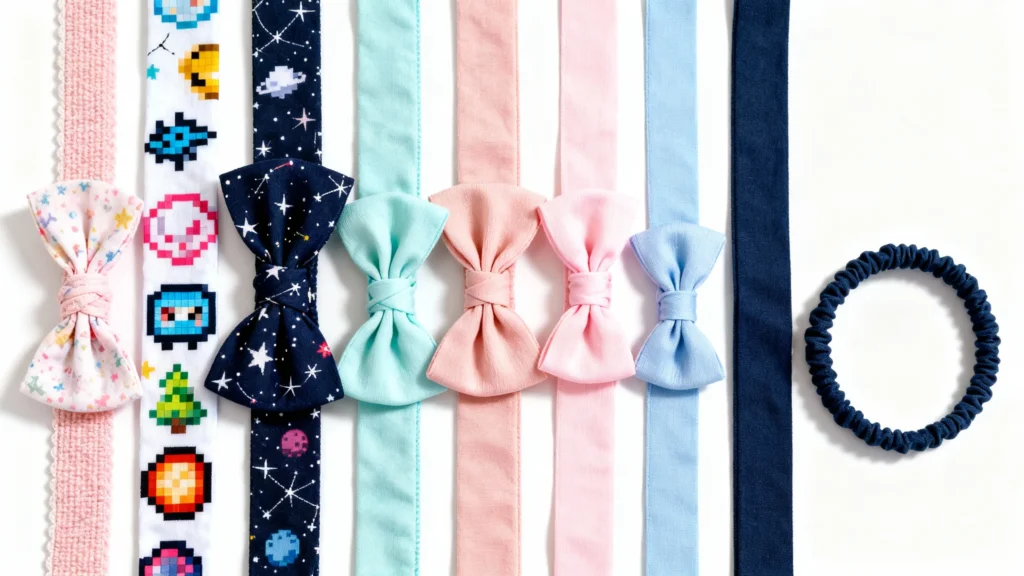 Collection of colorful baby headbands with bows and patterns including stars and pixel art on a white background