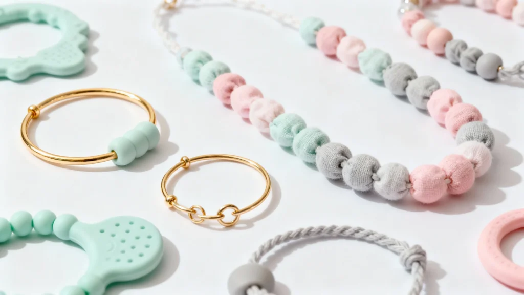 Assorted baby jewelry including gold bracelets and pastel-colored beaded necklaces and silicone teething rings on white background