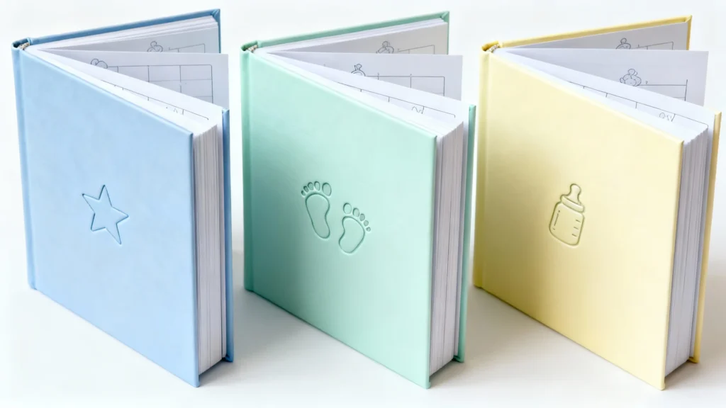 Three baby memory books in pastel blue, green, and yellow with embossed star, footprints, and baby bottle icons