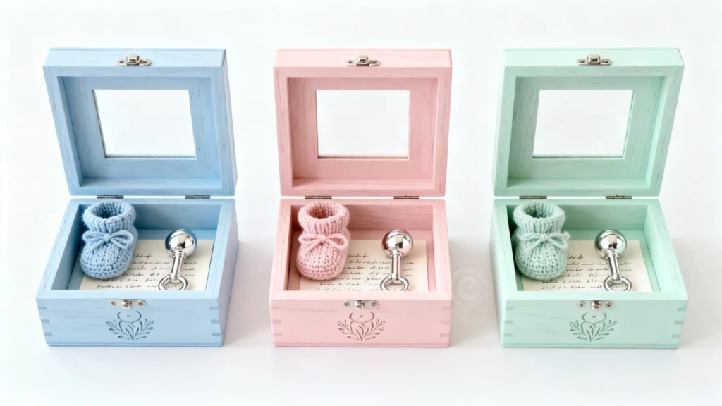 Three pastel-colored baby memory boxes in blue, pink, and mint green each containing a knitted baby bootie, a silver rattle, and a handwritten note