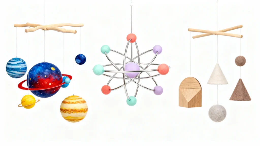 Three hanging baby mobiles featuring solar system planets, colorful atom model, and wooden geometric shapes