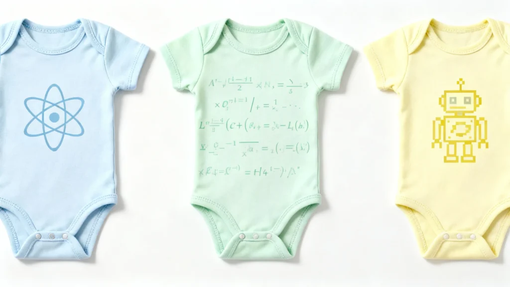 Three baby onesies in pastel colors with geeky designs including an atom symbol, math equations, and a pixelated robot