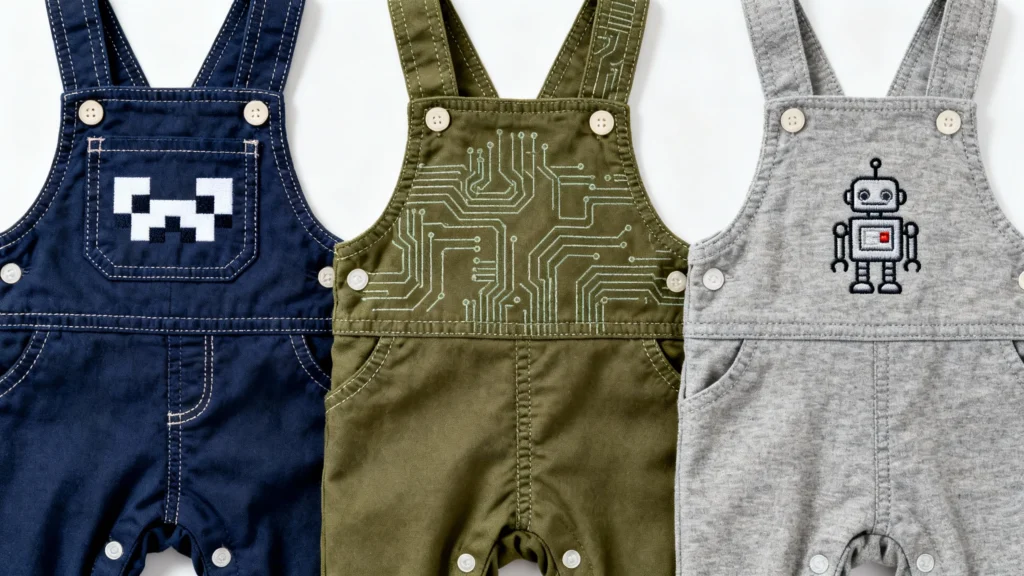 Three baby overalls in navy blue, olive green, and gray with nerdy pixel and robot designs