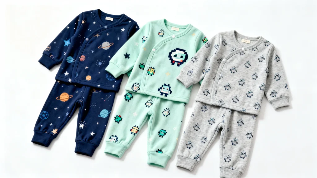 Three sets of baby pajamas with long sleeves and pants featuring space, pixel characters, and robot patterns in navy, mint green, and gray colors