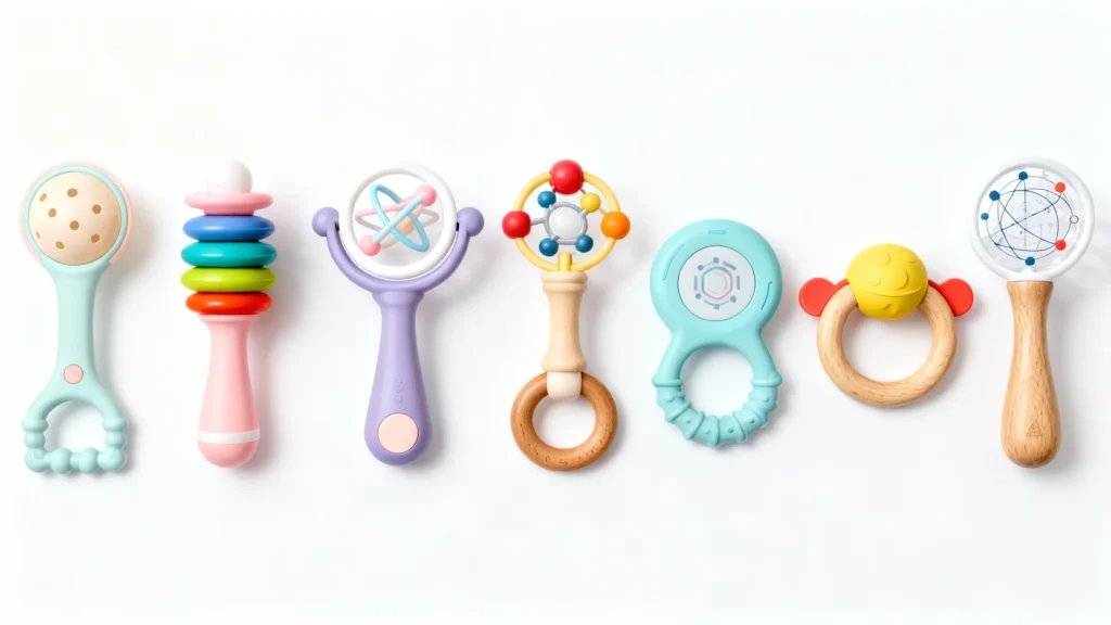 Seven colorful baby rattles and teething toys arranged in a row on a white background
