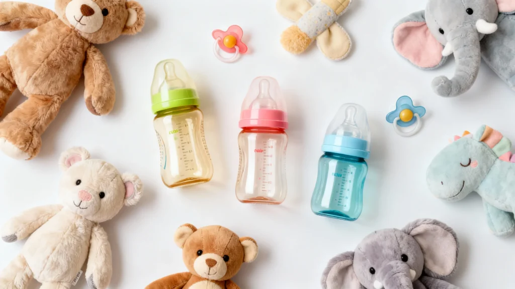 Three baby bottles with colorful caps surrounded by plush toys and pacifiers on a white background