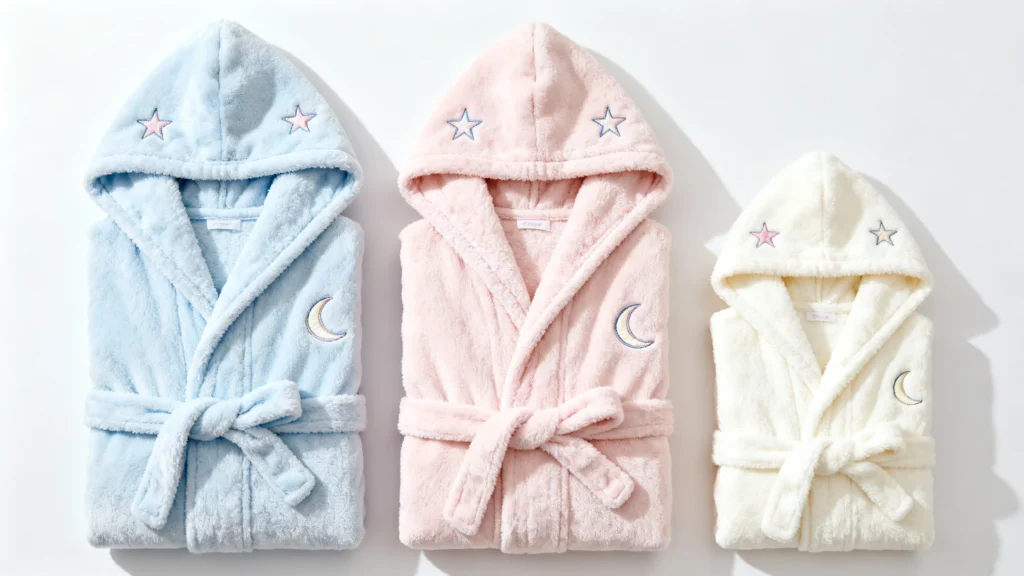 Three soft baby bath robes in blue, pink, and cream with hooded tops, star and moon embroidery, and tied belts