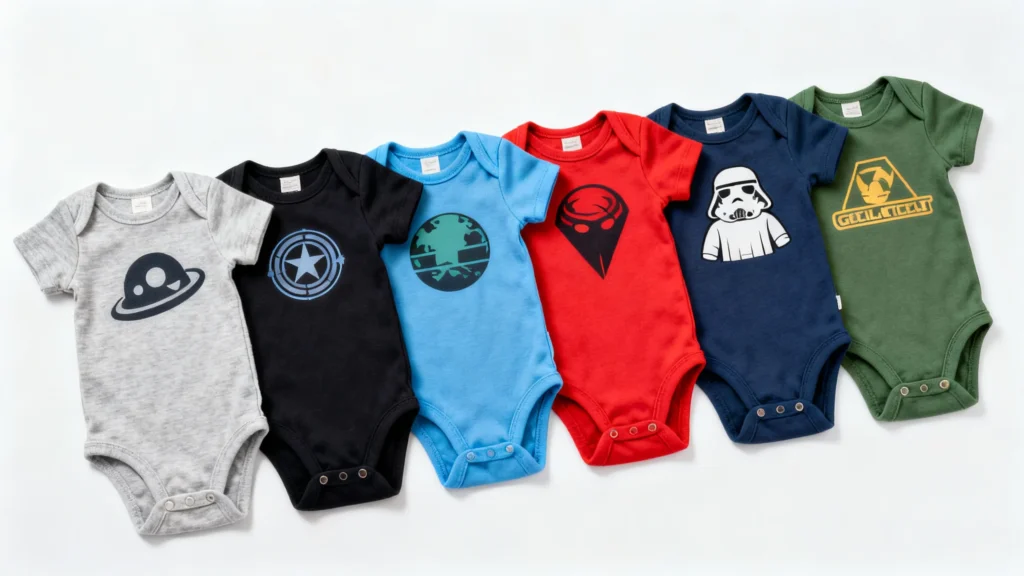 Six colorful baby rompers in gray, black, blue, red, navy, and green with unique space and character prints