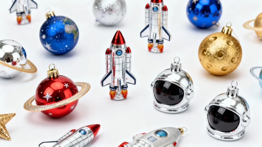 Colorful space-themed Christmas ornaments including rockets, astronaut helmets, and planets with rings on a white background